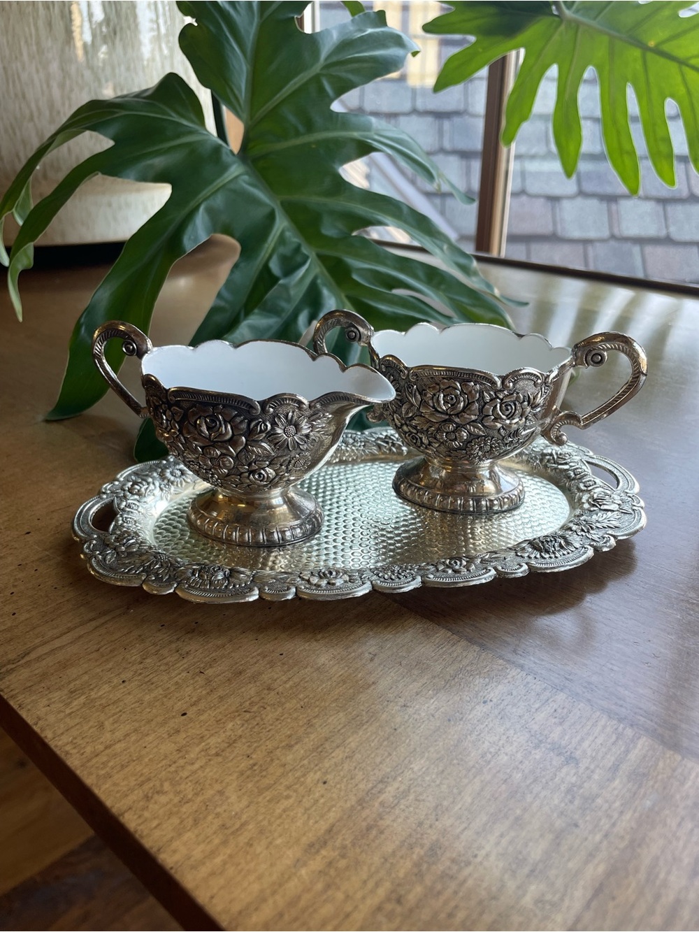 Vintage Silver Plated Creamer and Sugar Set with Tray - Repousse Rose Design